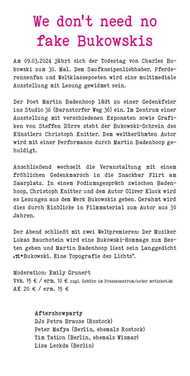 Bukowski-Leseabend mit Martin Badenhoop am 09.03.2024 in Rostock – Pressetext